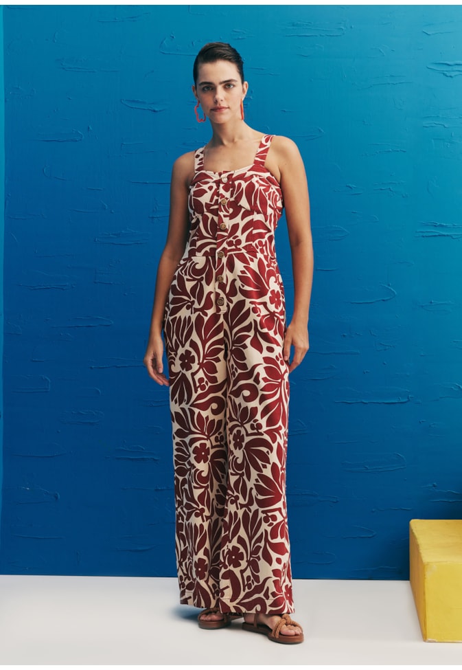 Macacão Pantalona Sarja Estampado Cayo Coral