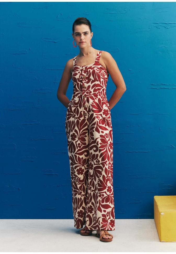 Macacão Pantalona Sarja Estampado Cayo Coral