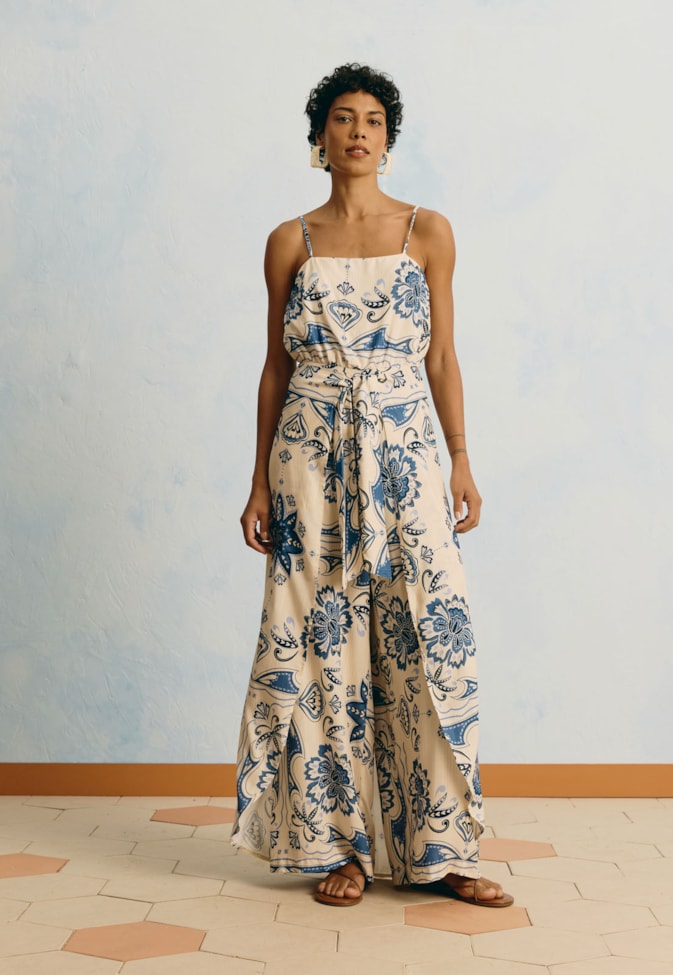 Macacão Pareô Estampado Jasmin Azul