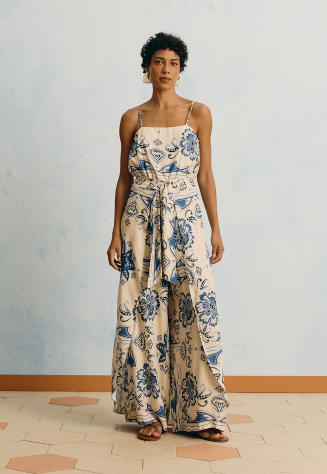 Macacão Pareô Estampado Jasmin Azul