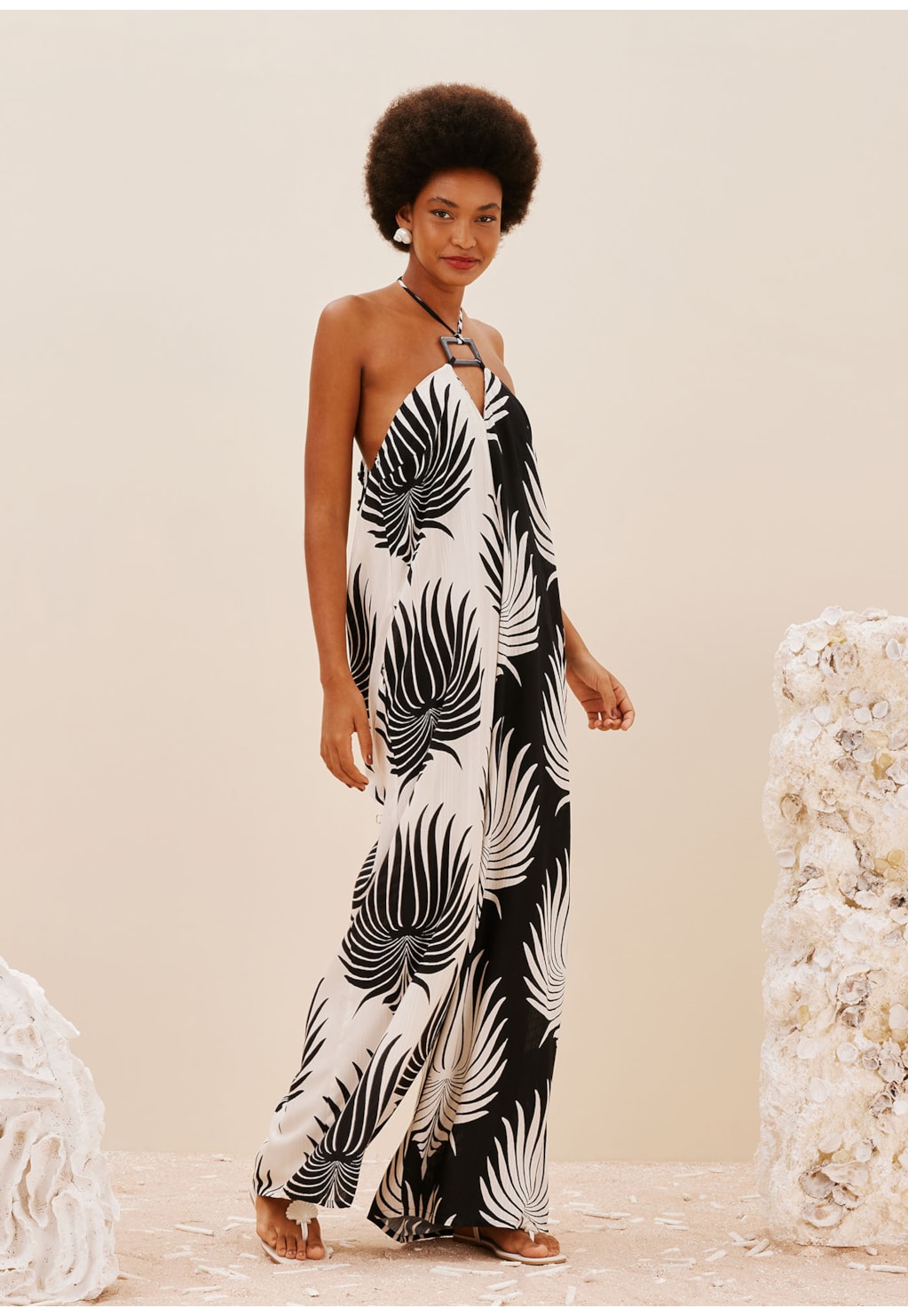 Macacão Quadrado Decote Estampado Leques