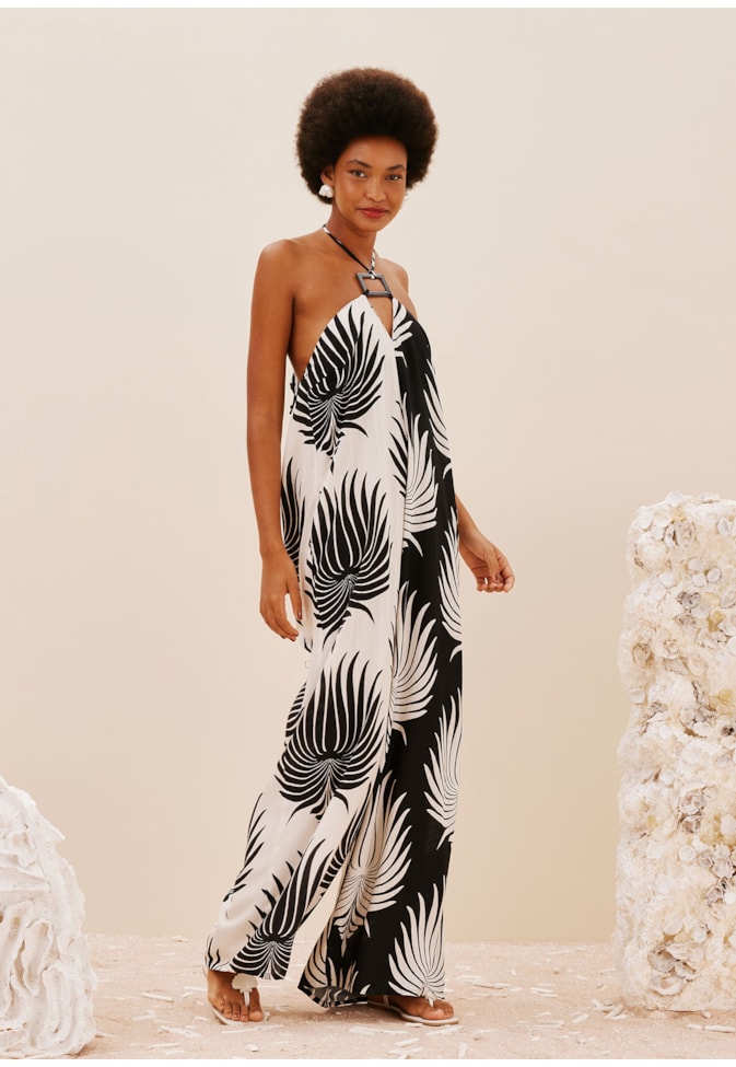 Macacão Quadrado Decote Estampado Leques