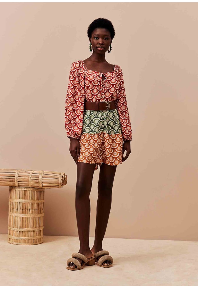 Macaquinho Tricolor Franzidinho Estampado El Sol Tricolor