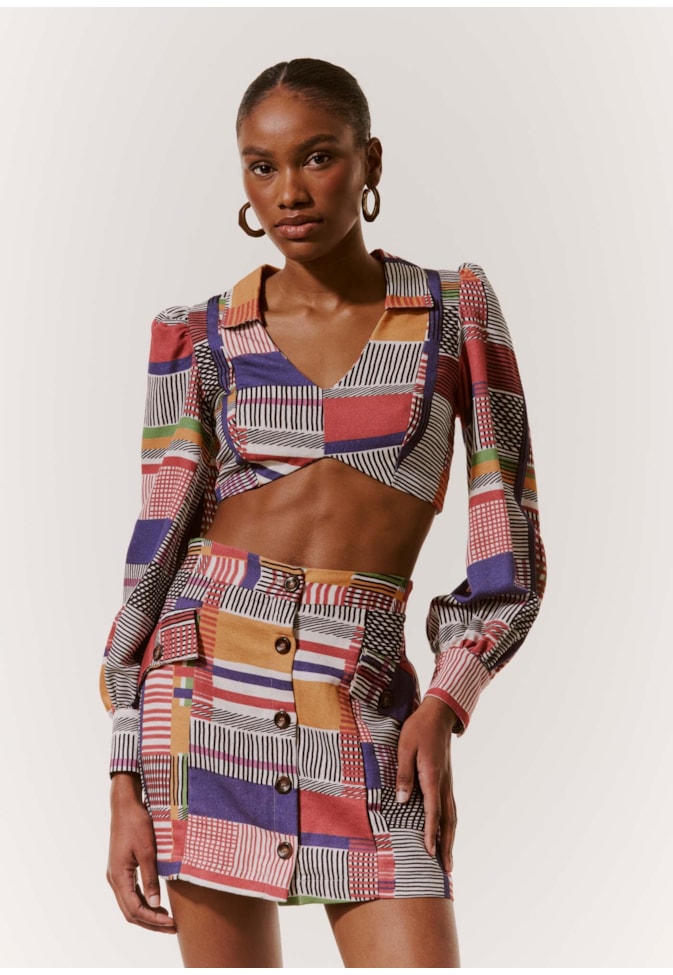 Mini Saia Botões Estampa Ingá