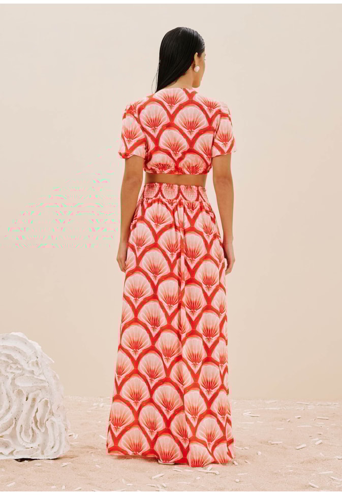 Saia Babados Pala Lastéx Estampada Pink Beach