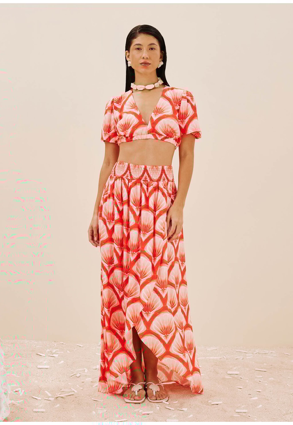 Saia Babados Pala Lastéx Estampada Pink Beach