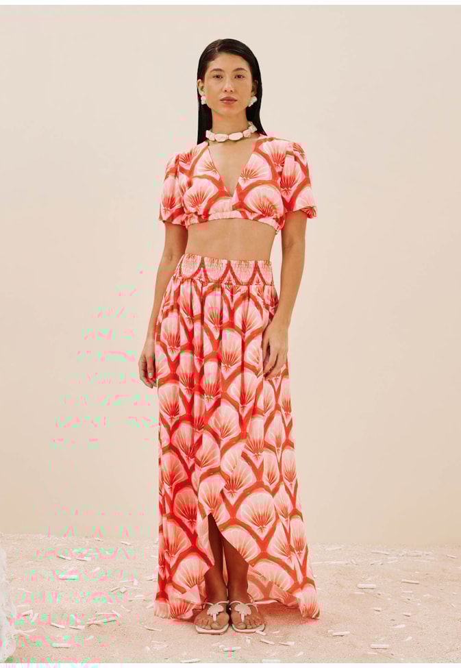 Saia Babados Pala Lastéx Estampada Pink Beach