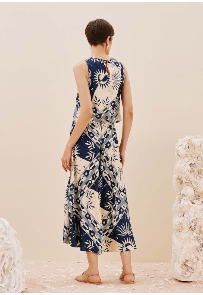 Saia Evasê Elástico Cintura Estampada Céu