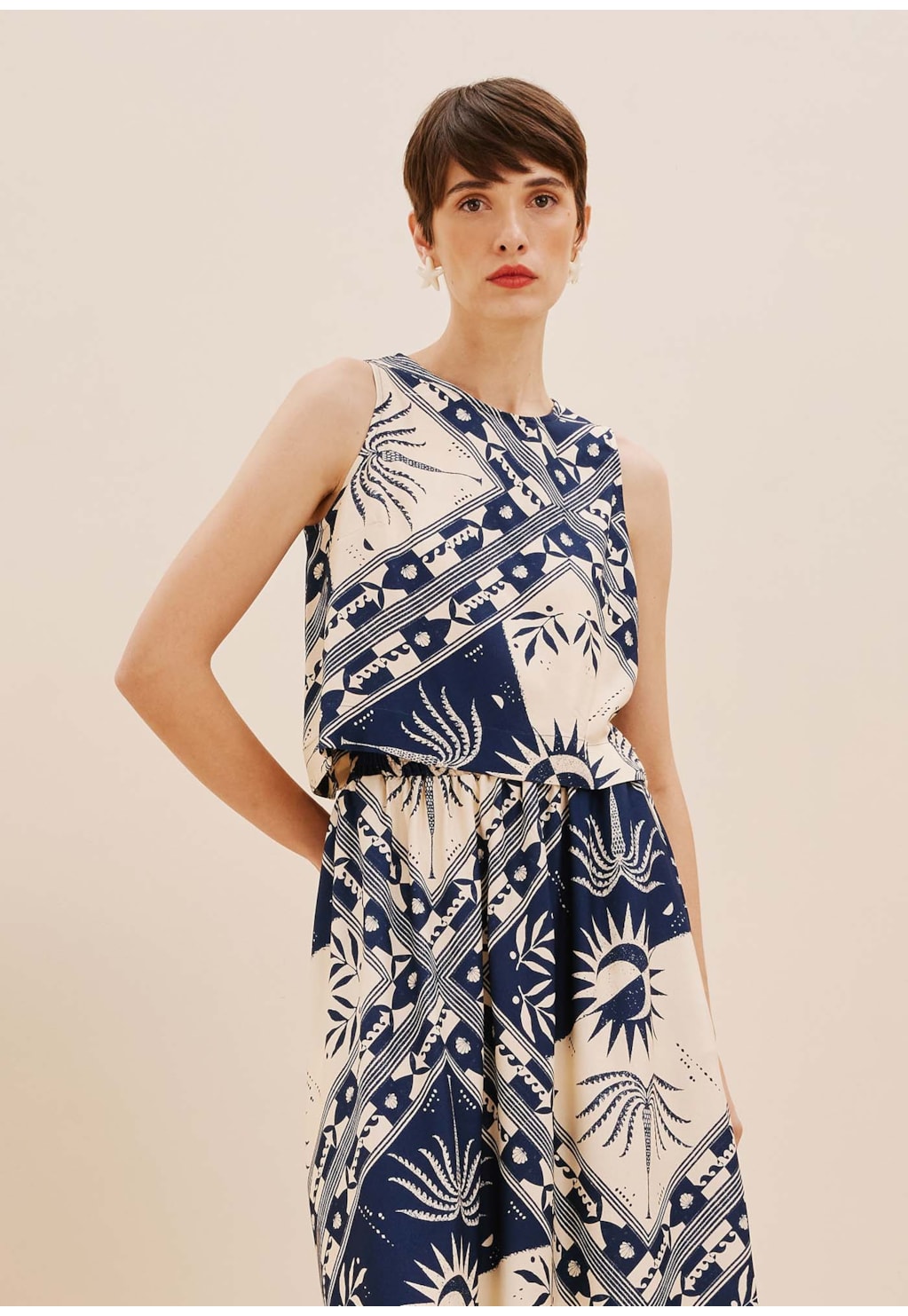 Saia Evasê Elástico Cintura Estampada Céu