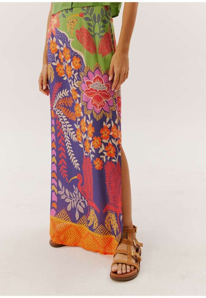 Saia Longa com Fendas Estampada Copaíba