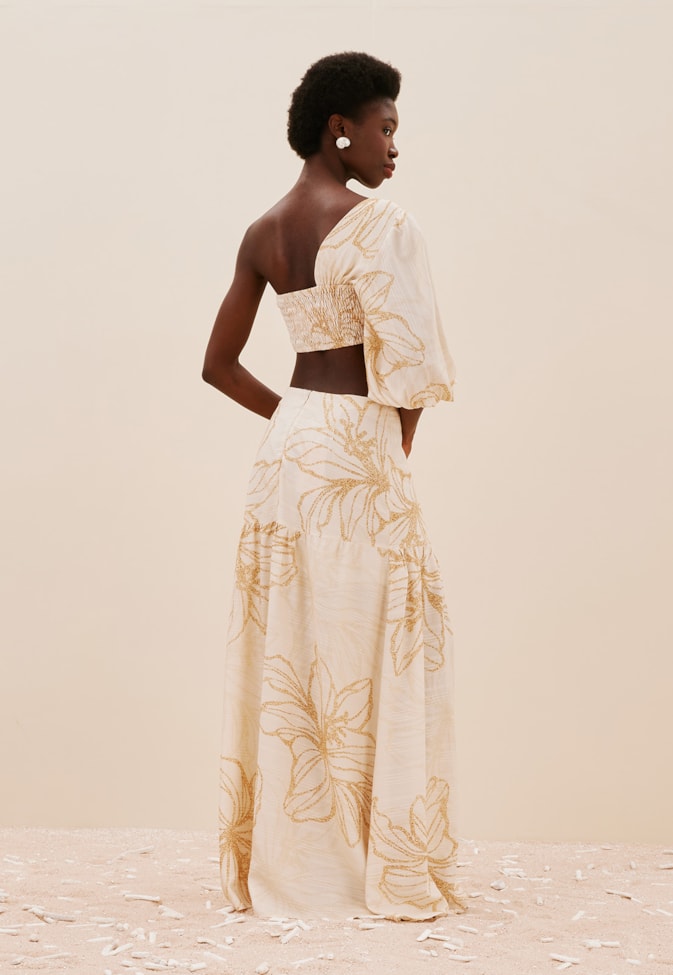 Saia Longa Fenda Lateral Estampada Flor do Sol