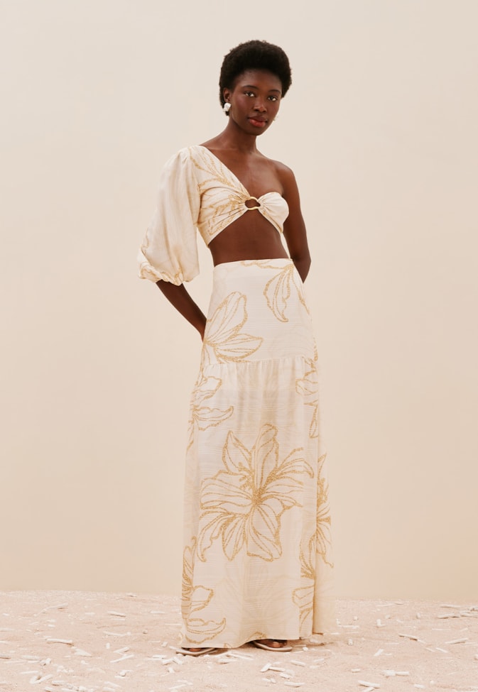 Saia Longa Fenda Lateral Estampada Flor do Sol