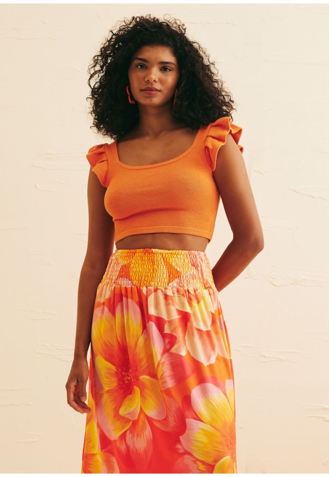 Saia Longa Pala Lastex Estampada Dália Mexicana