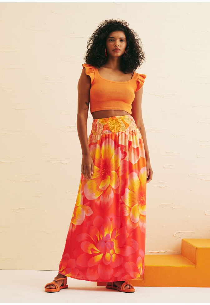Saia Longa Pala Lastex Estampada Dália Mexicana