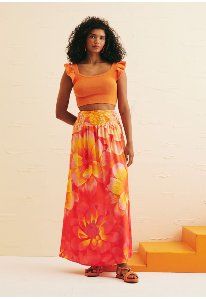 Saia Longa Pala Lastex Estampada Dália Mexicana