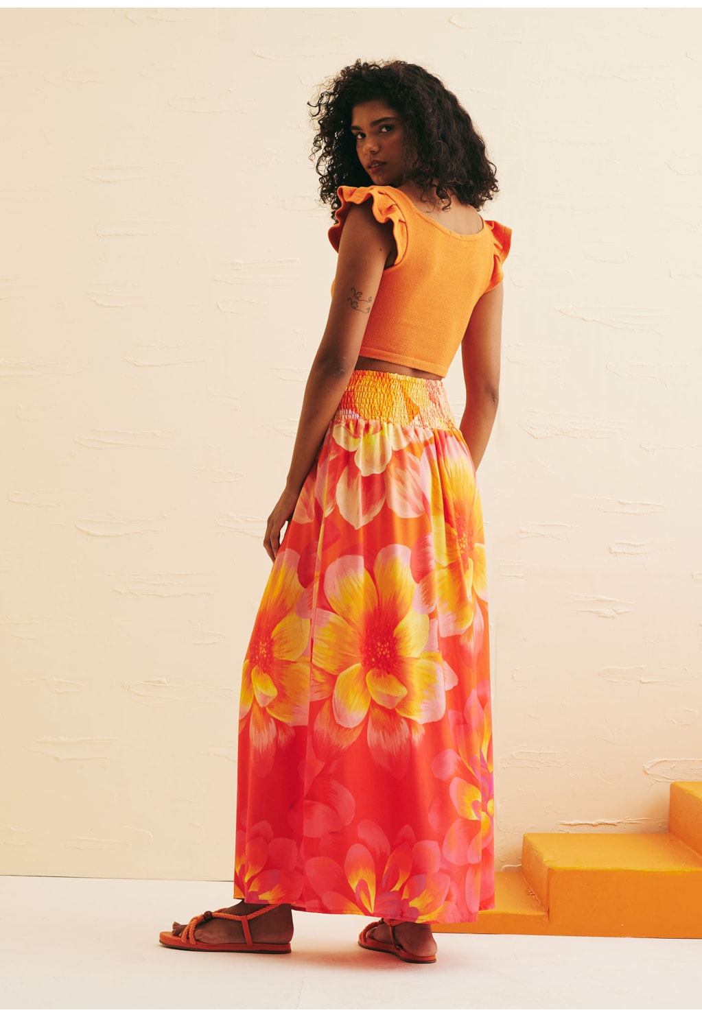 Saia Longa Pala Lastex Estampada Dália Mexicana