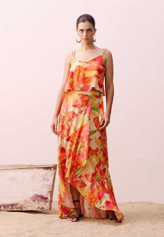 Saia Longa Transpasse Estampada Carimbó 