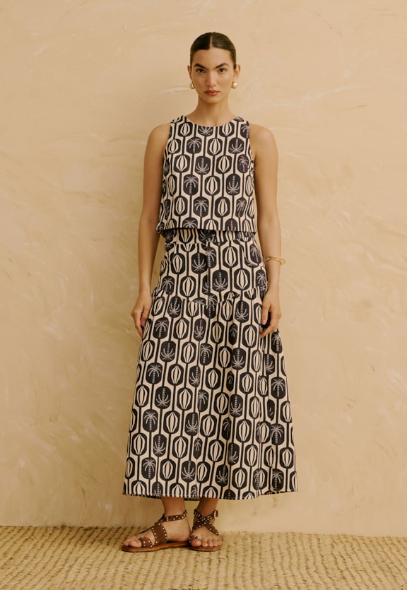 Saia Maxi Midi Estampada Cacau Palmer Vista Frontal