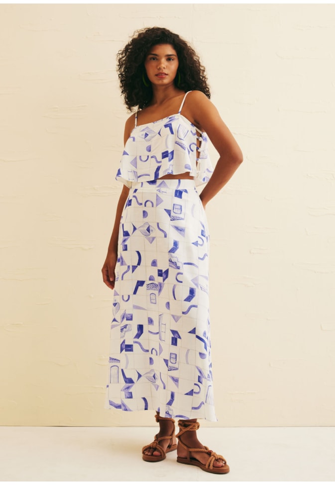 Saia Midi Ampla Bolso Estampada Paraty