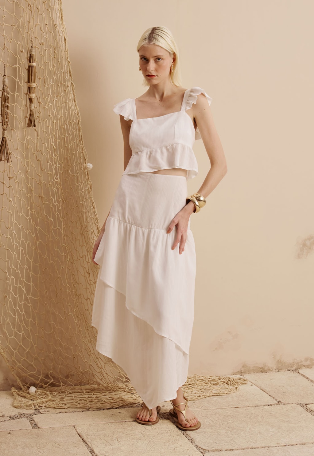 Saia Midi Camadas Babados Liso