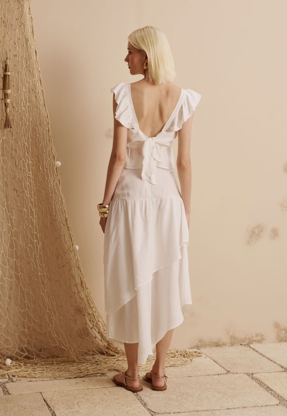 Saia Midi Camadas Babados Liso Vista Traseira