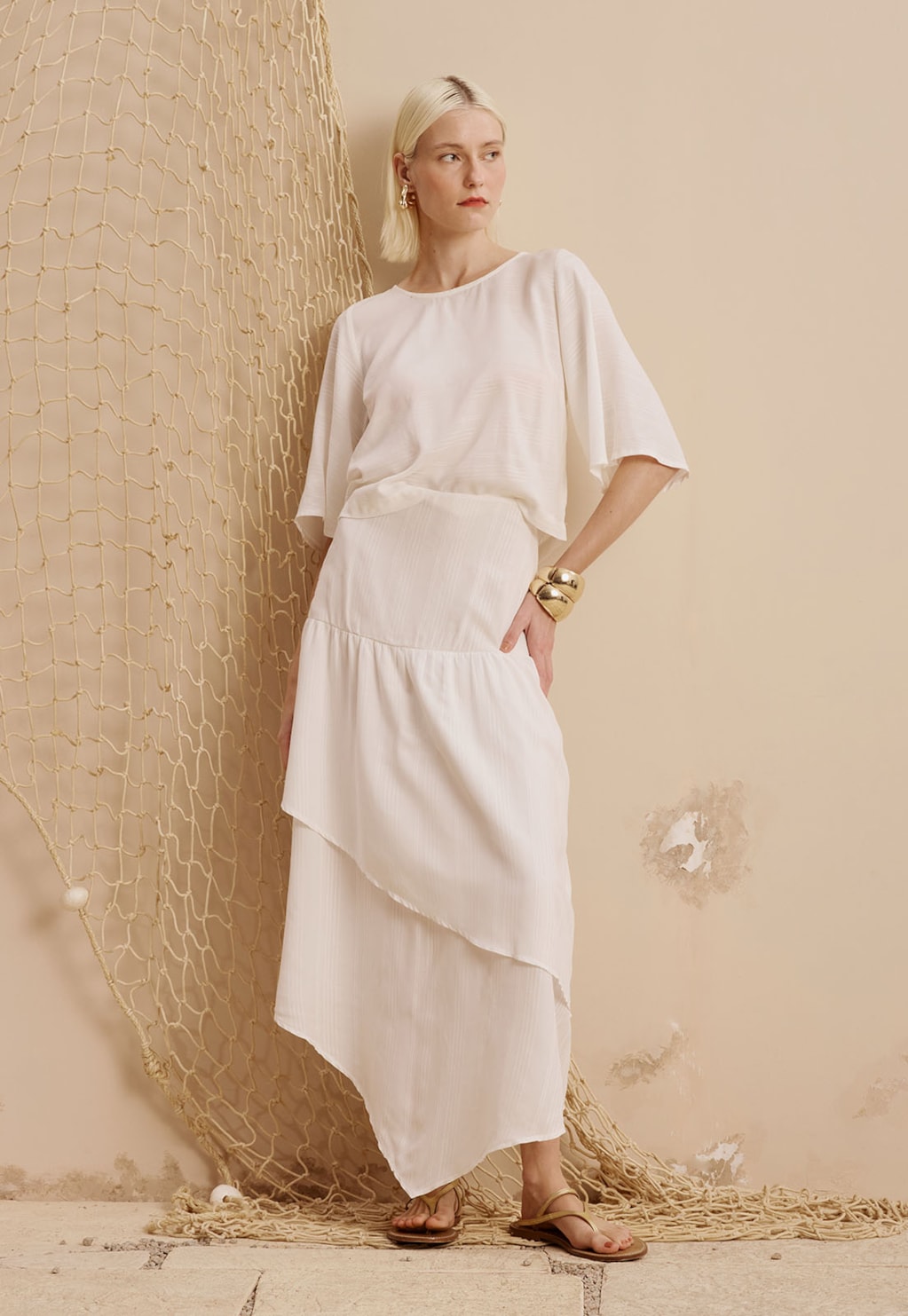 Saia Midi Camadas Babados Liso