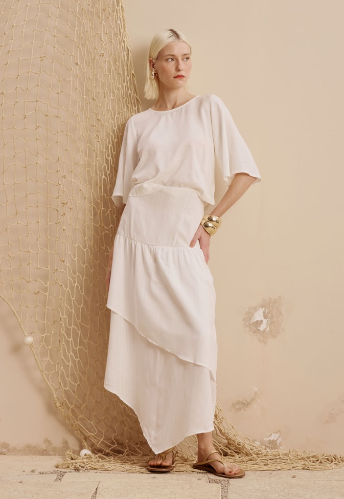 Saia Midi Camadas Babados Liso