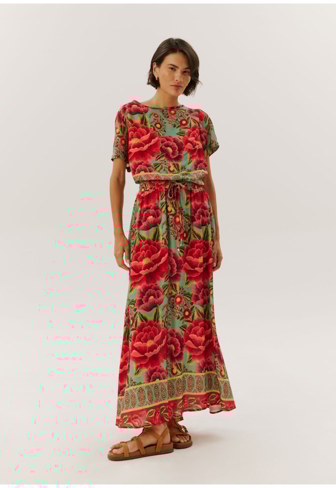 Saia Midi com Bolso Estampado Flor Paraense