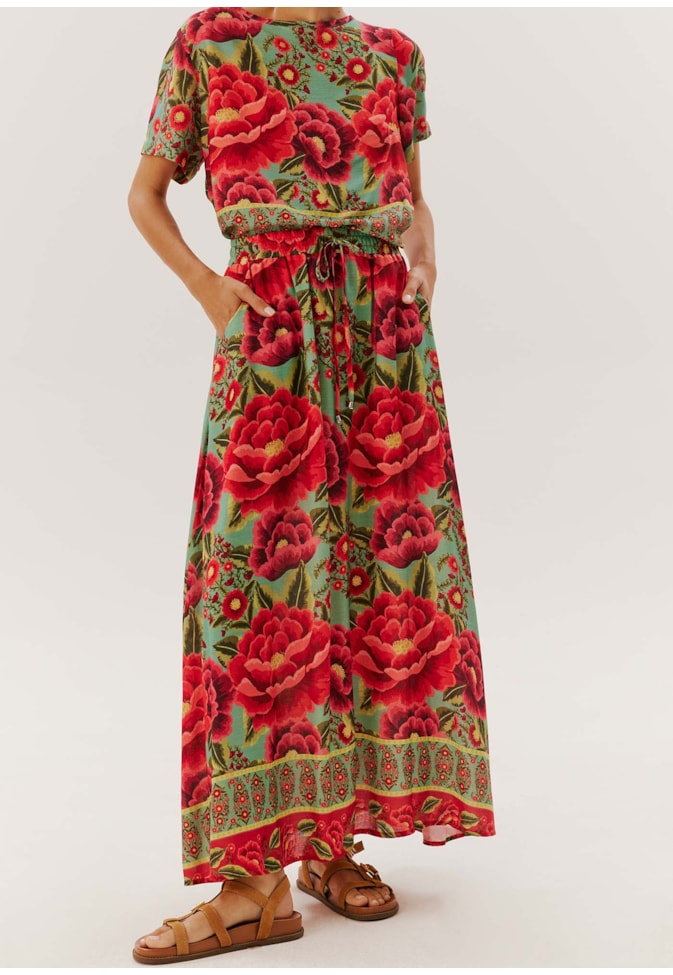 Saia Midi com Bolso Estampado Flor Paraense