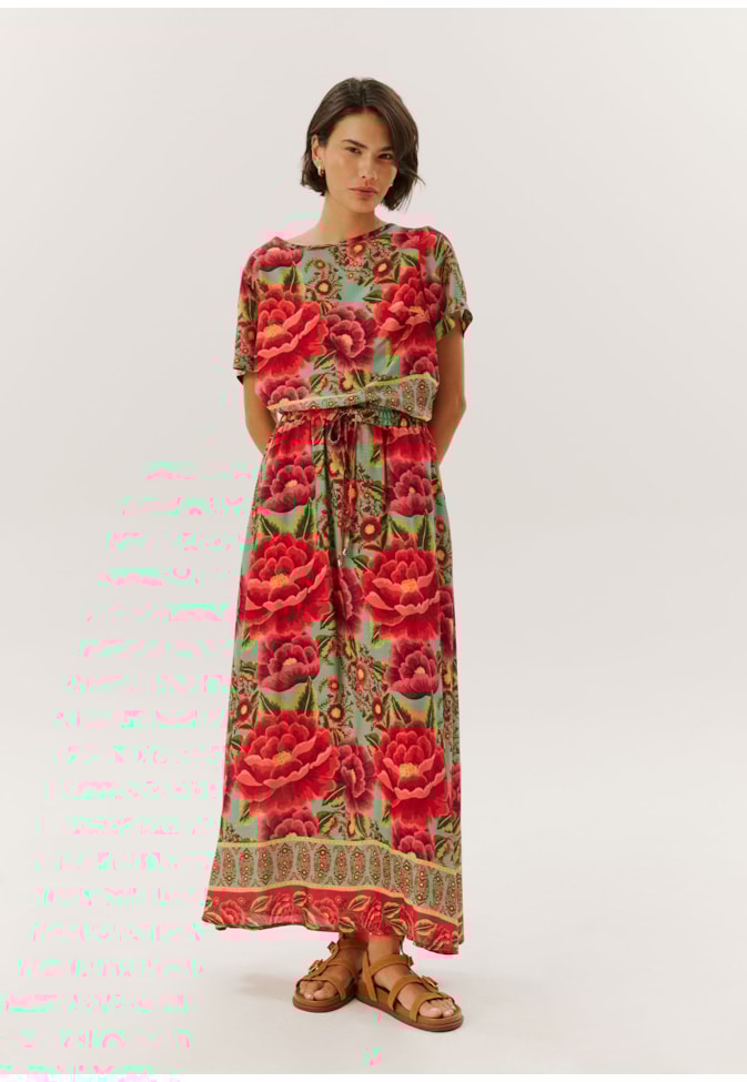 Saia Midi com Bolso Estampado Flor Paraense