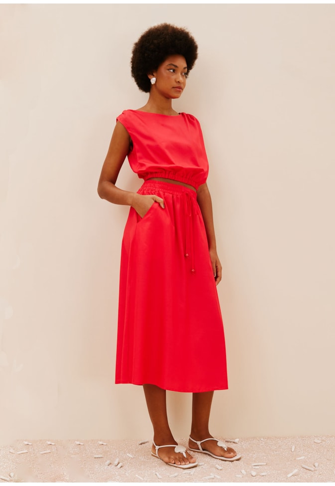 Saia Midi Com Elástico Cintura