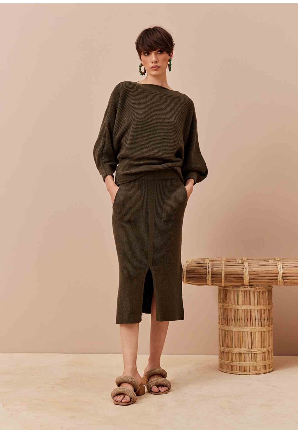 Saia Midi com Fendas Tricot