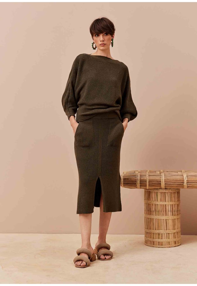 Saia Midi com Fendas Tricot