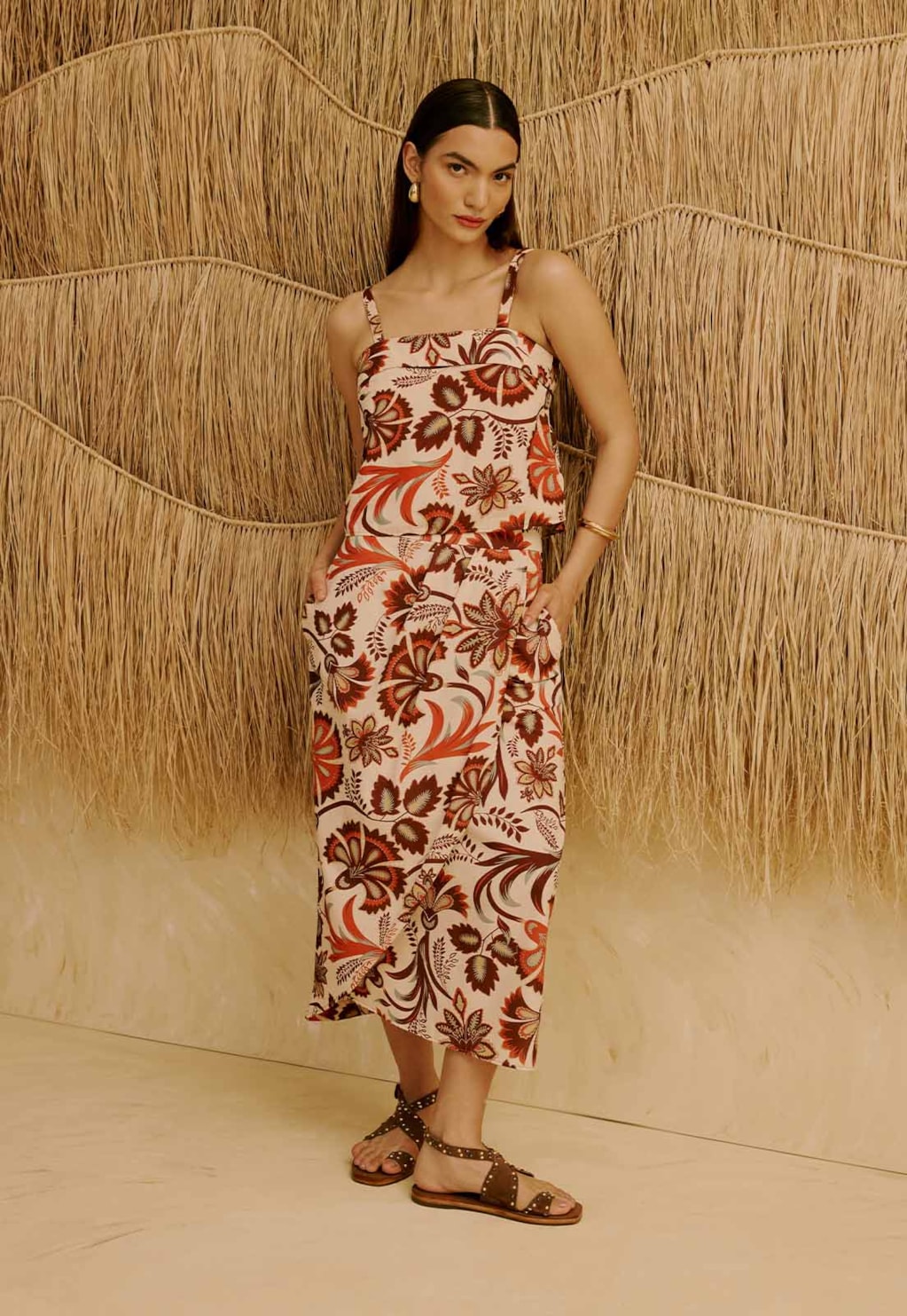 Saia Midi com Pregas Estampada Tika