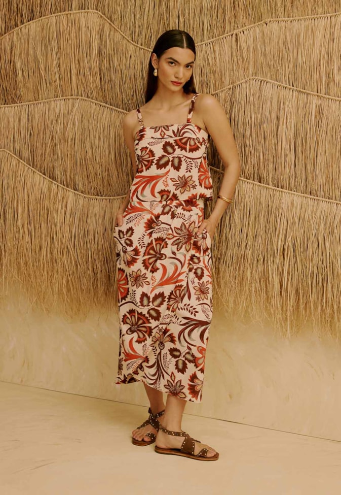 Saia Midi com Pregas Estampada Tika