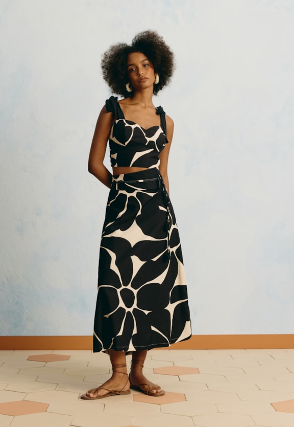 Saia Midi Estampada Aurora Floral Vista Frontal