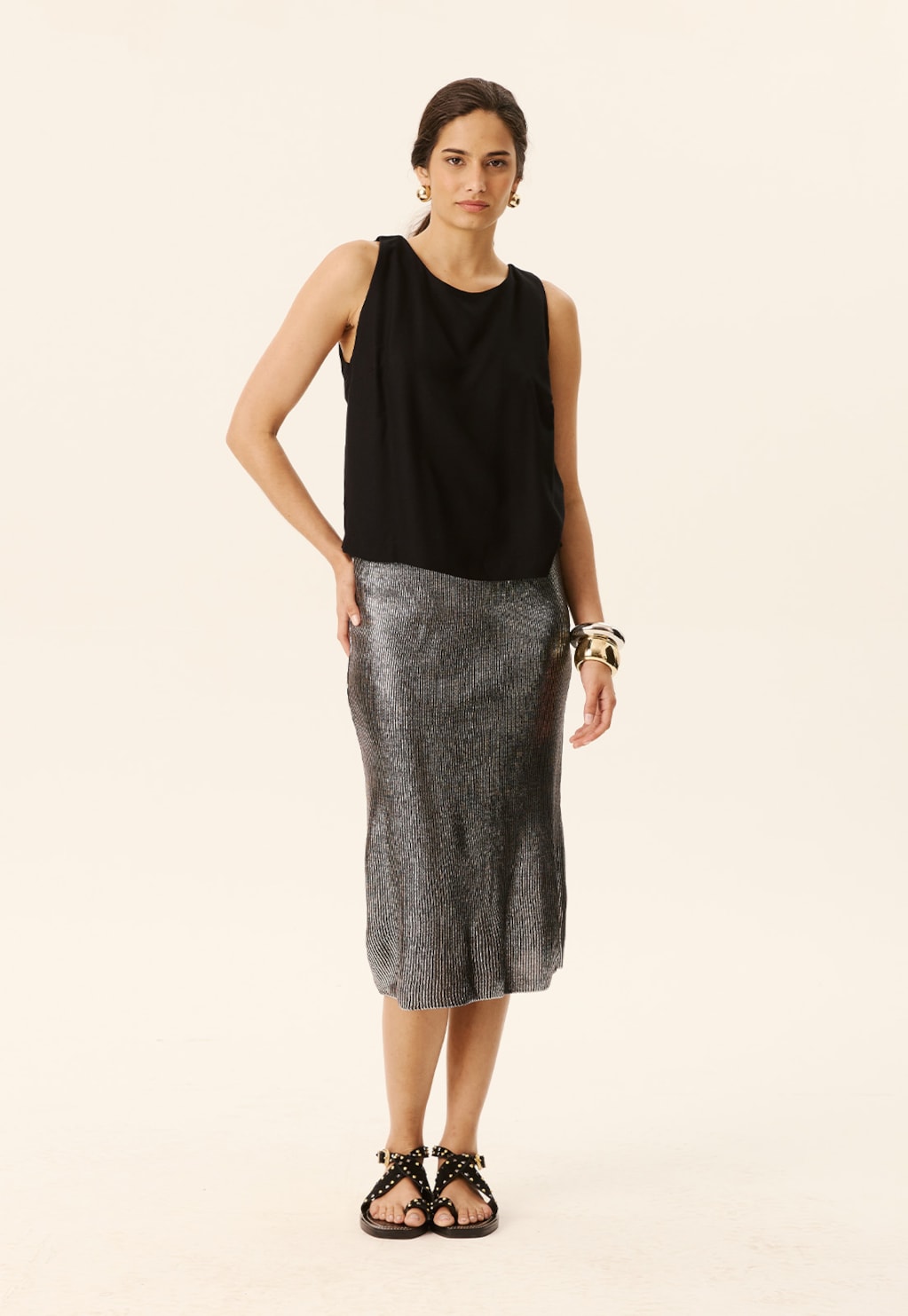 Saia Midi Foil Prata Tricot