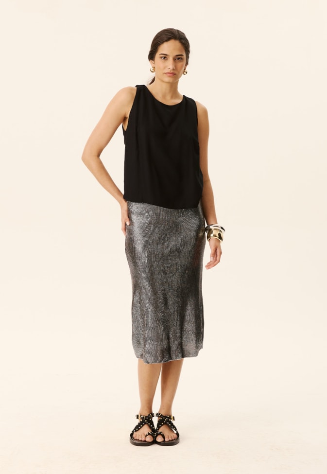 Saia Midi Foil Prata Tricot