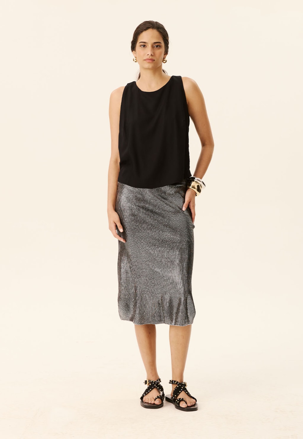 Saia Midi Foil Prata Tricot