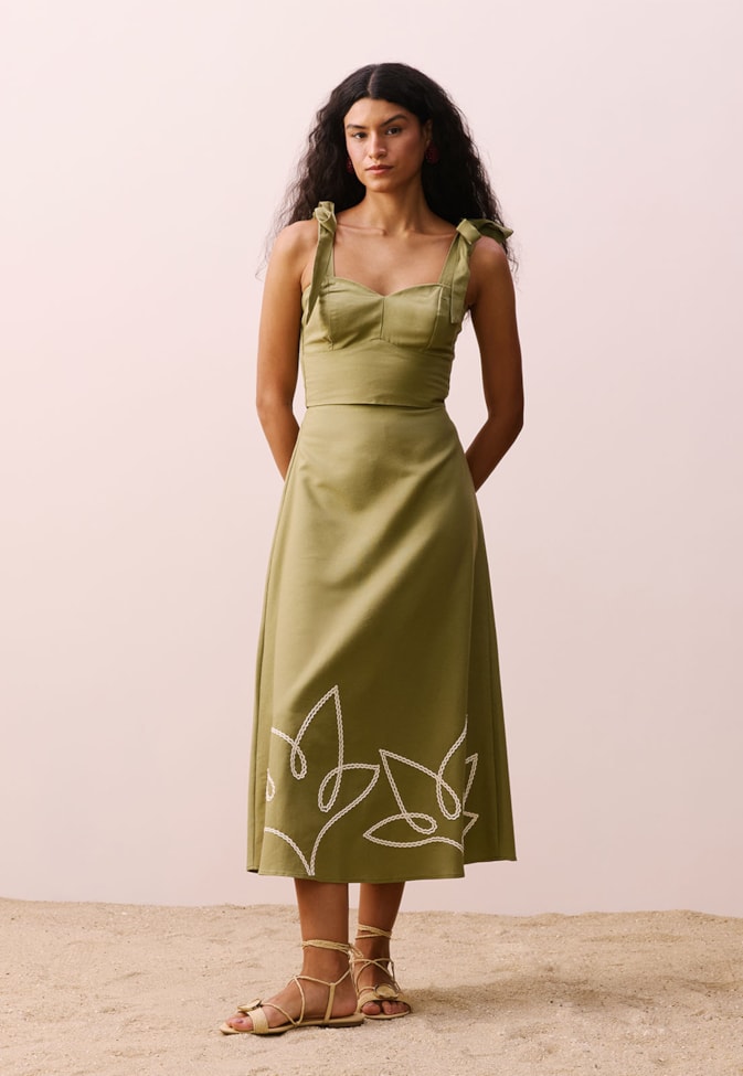 Saia Midi Folha Bordada