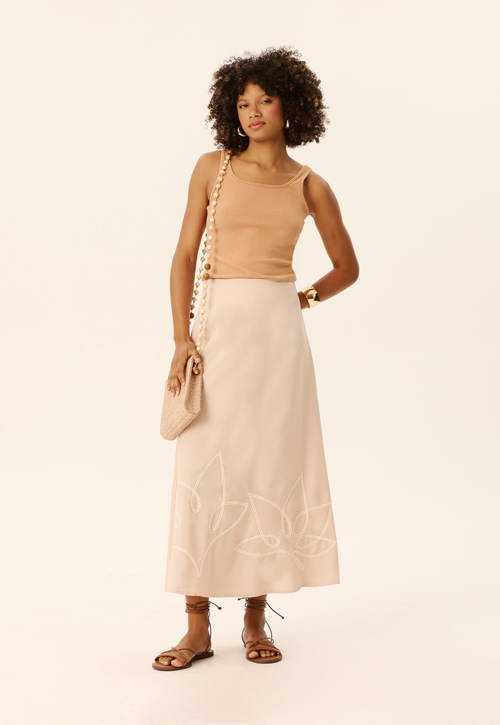 Saia Midi Folha Bordada