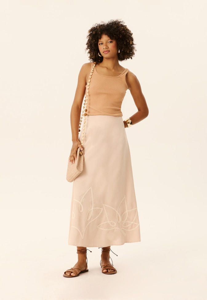 Saia Midi Folha Bordada