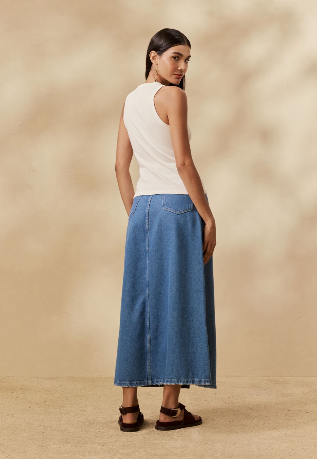 Saia Midi Jeans Bordado