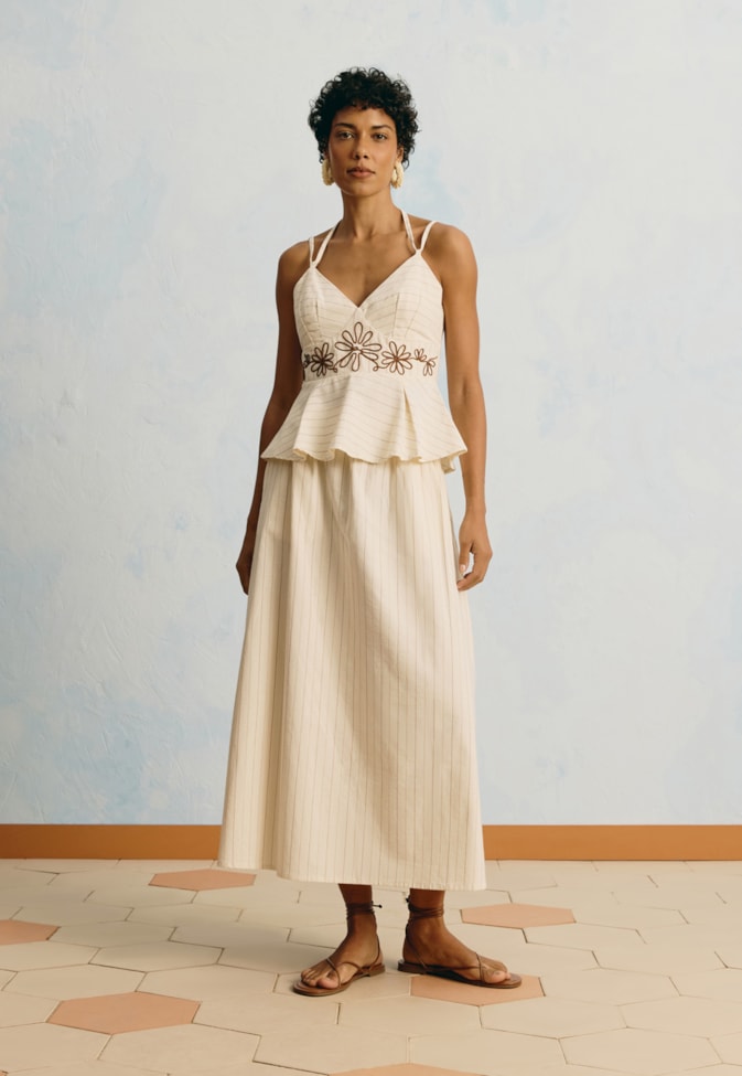 Saia Midi Listrada Com Bolso