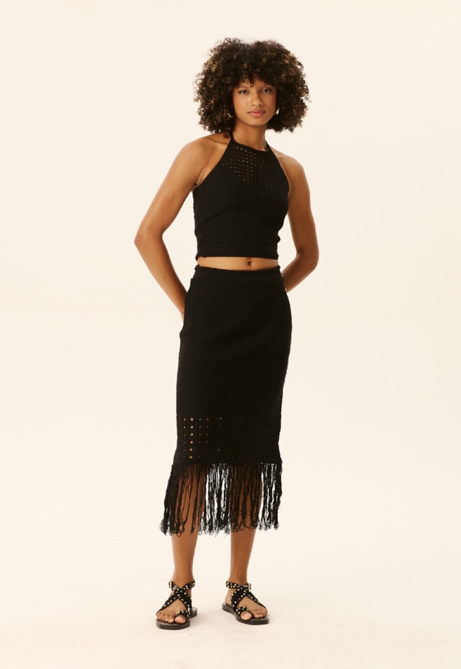 Saia Midi Rendada Com Franja Tricot