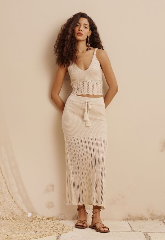 Saia Midi Tricot Rendada Vista Frontal