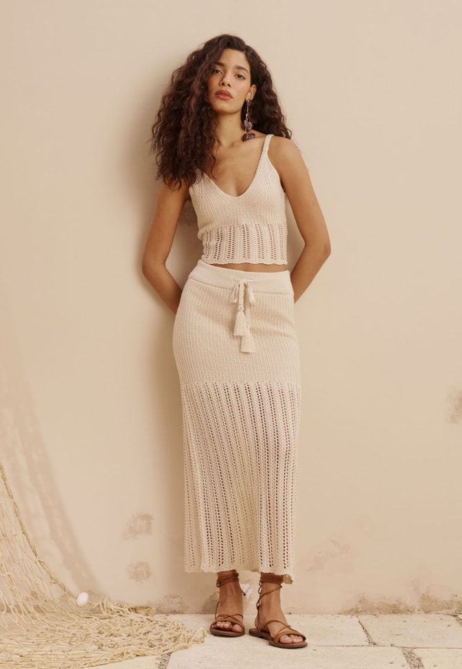 Saia Midi Tricot Rendada