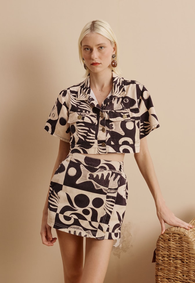 Short Saia Sarja Estampado Tucunaré