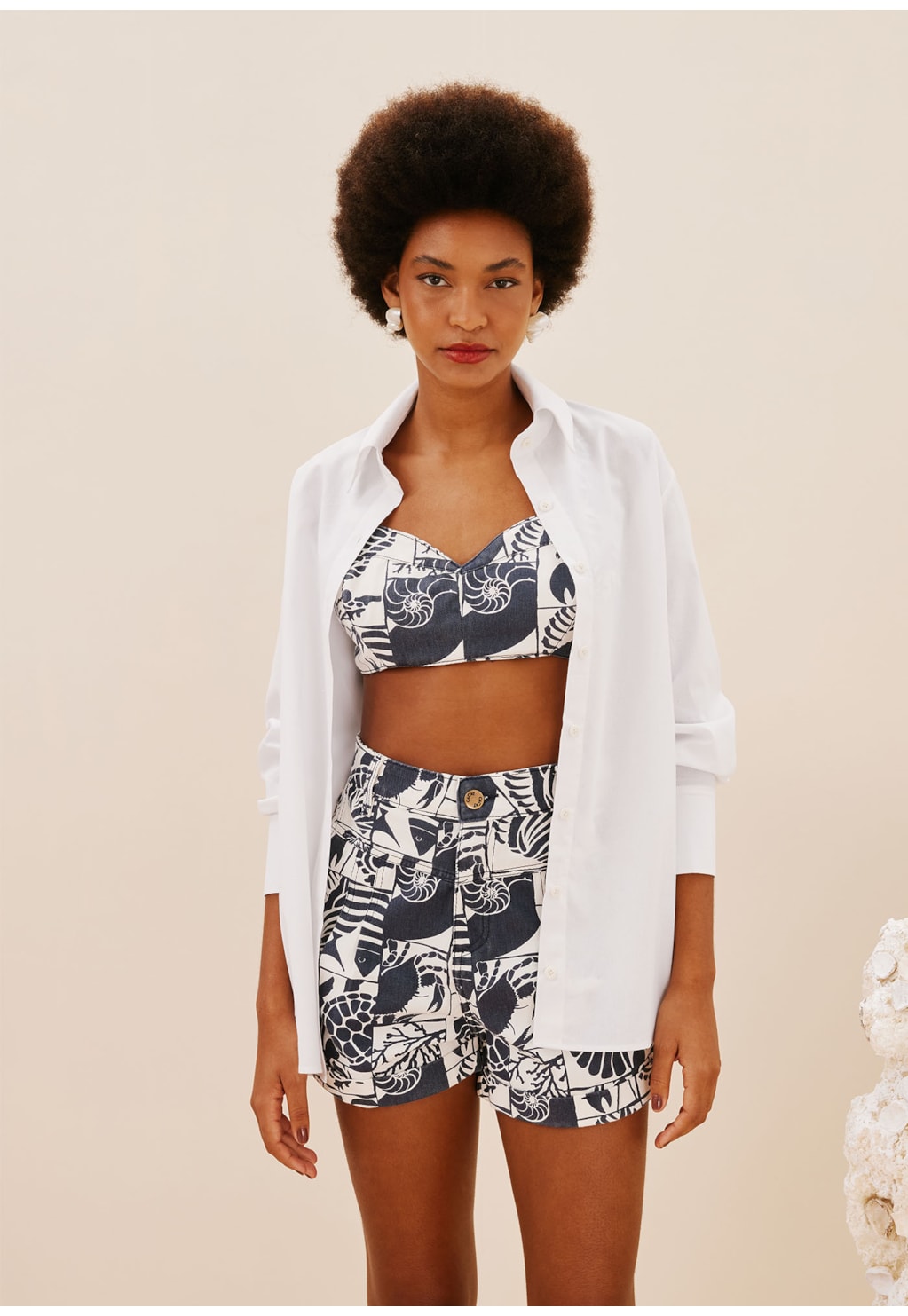 Short Sarja Pregas Estampado Mar