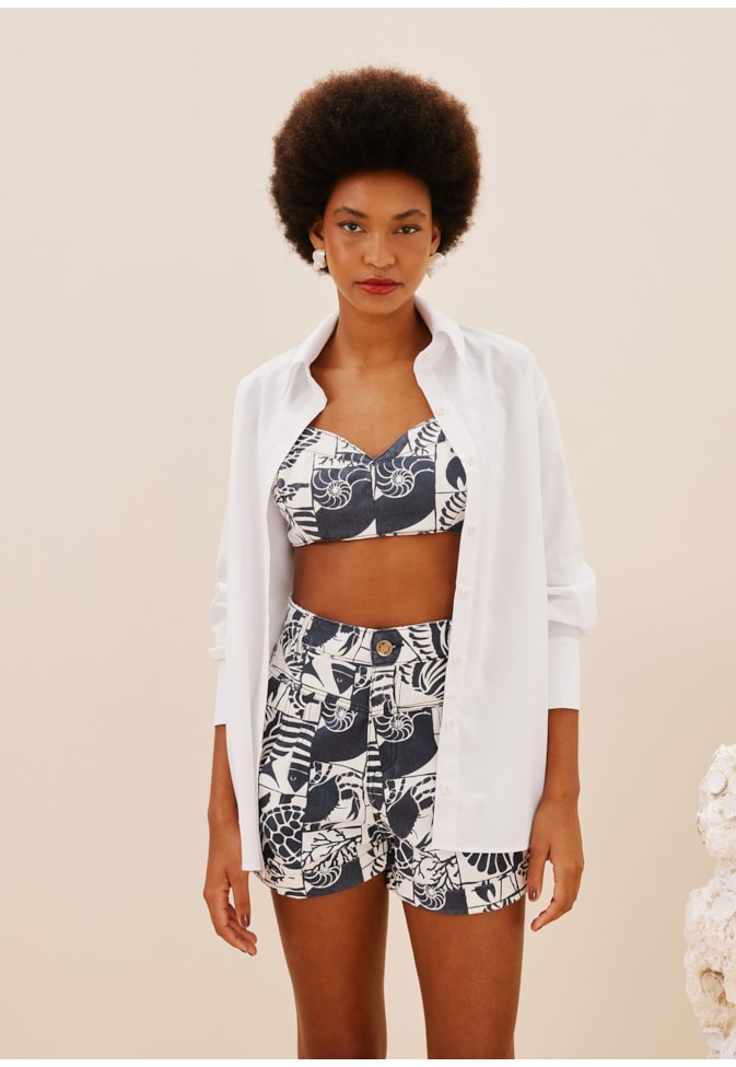 Short Sarja Pregas Estampado Mar